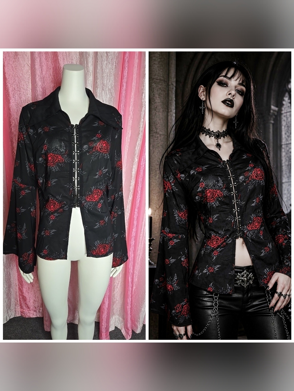 Killstar Black Skull Roses Gothic Bell Sleeves Blouse Size XL
